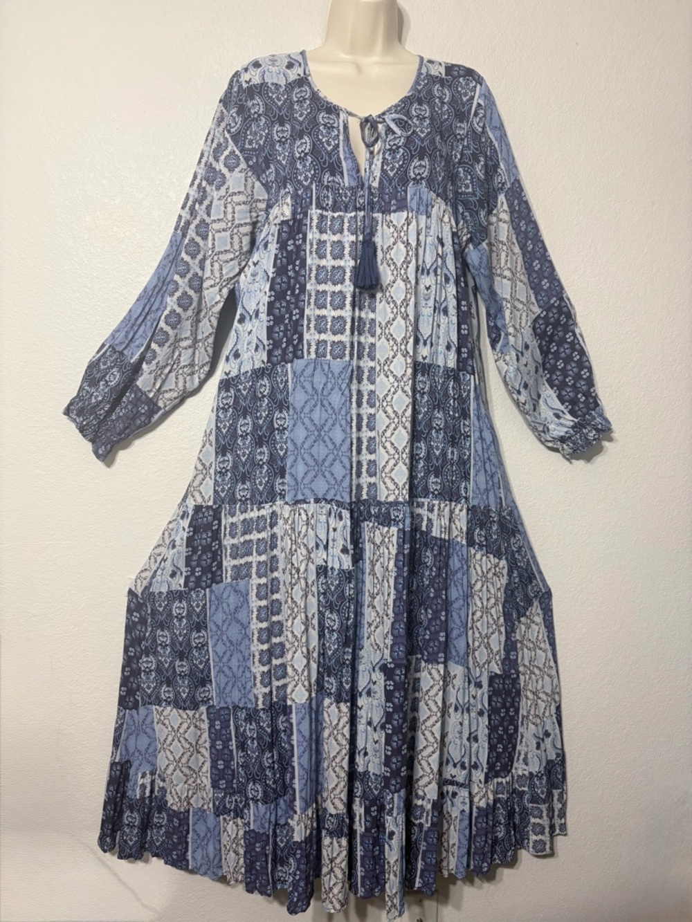 VICI Patchwork Blue Maxi Bohemian Tiered Dress  V neck Tassel Tie Lightweight